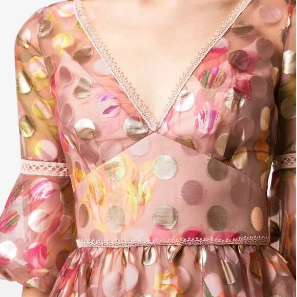 Marchesa Notte V-Neck Bubble Sleeve Polka Dot Cocktail Dress Blush Size 4 - Picture 10 of 16